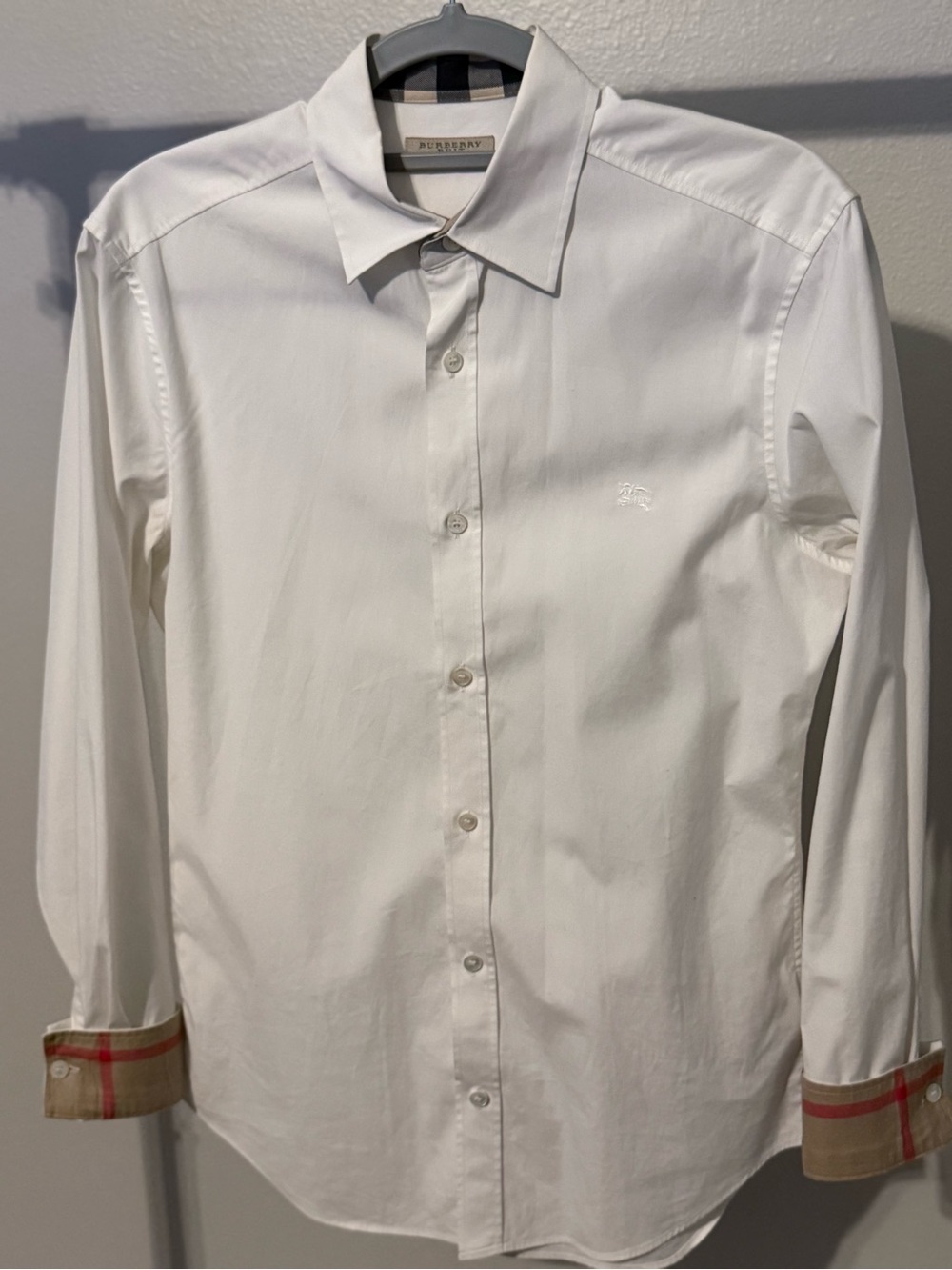 Burberry White Long-Sleeve Dress Shirt with Check Cuff Detail